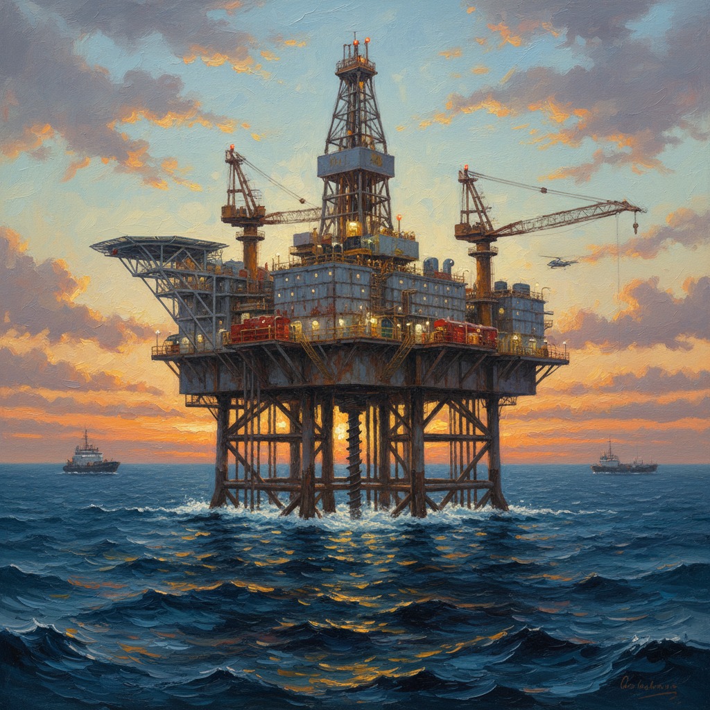 An oil drilling platform stands in the middle of the ocean under a vibrant sunset sky with support vessels nearby.
