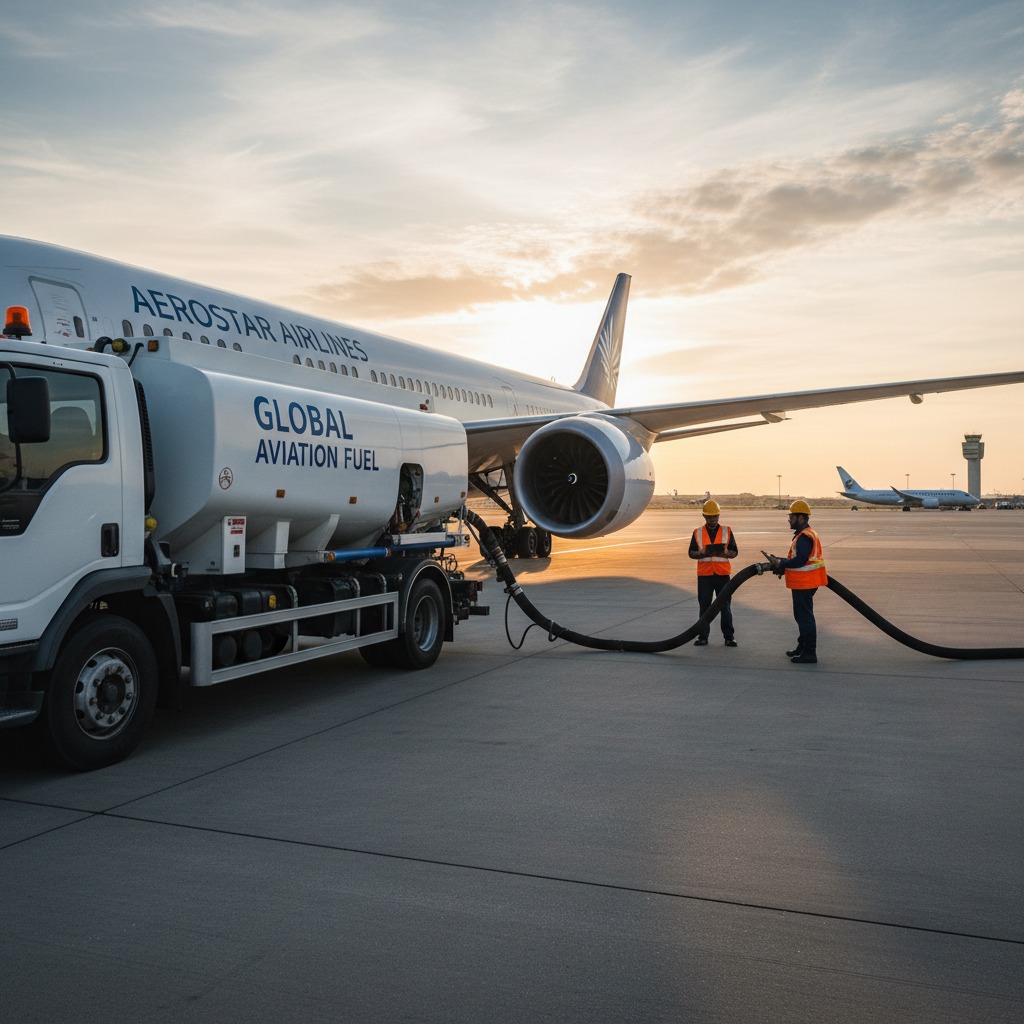 Two airport ground crew members in high-visibility vests refuel an Aerostar Airlines passenger jet on the tarmac at sunset.