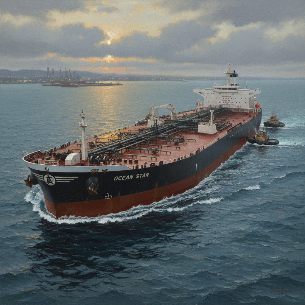 An oil tanker named Ocean Star is guided by two tugboats through choppy waters toward a distant harbor at sunset.
